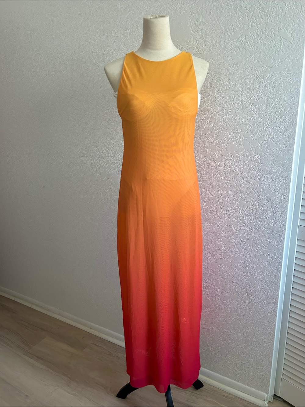 Caroline Constas Sunset Ombre Orange Gradient Mesh Sleeveless Coverup Maxi Dress